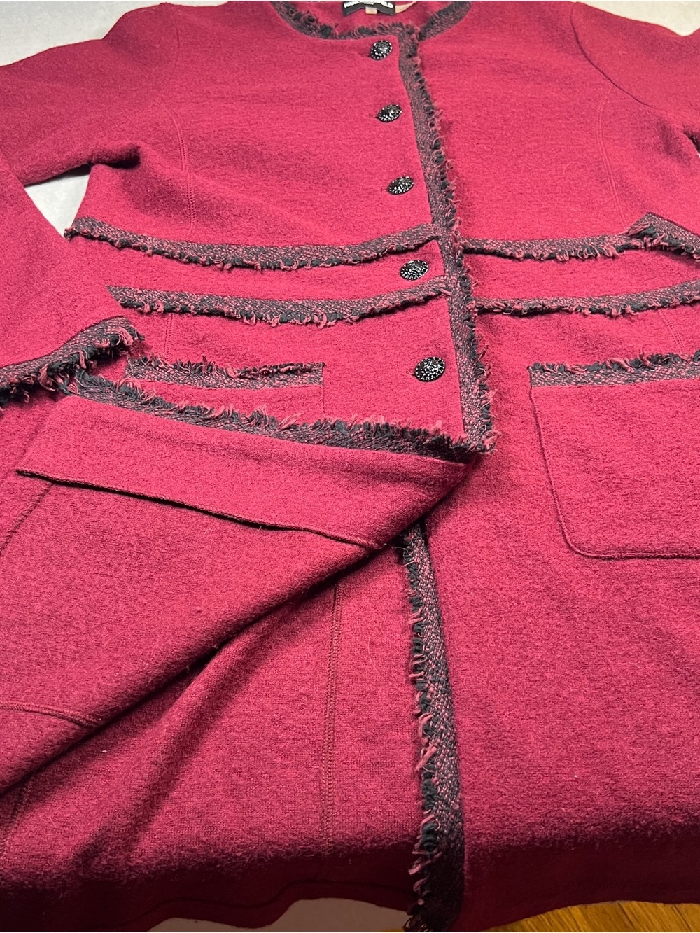 Karl Lagerfeld Paris Bouclé Coat L Burgundy Black Fringe Long Jacket